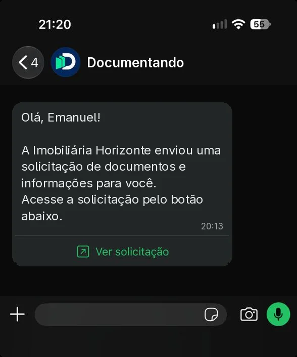 Mensagem de WhatsApp para o cliente Emanuel, avisando que a Imobiliária Horizonte enviou uma solicitação, com o botão Ver solicitação.
