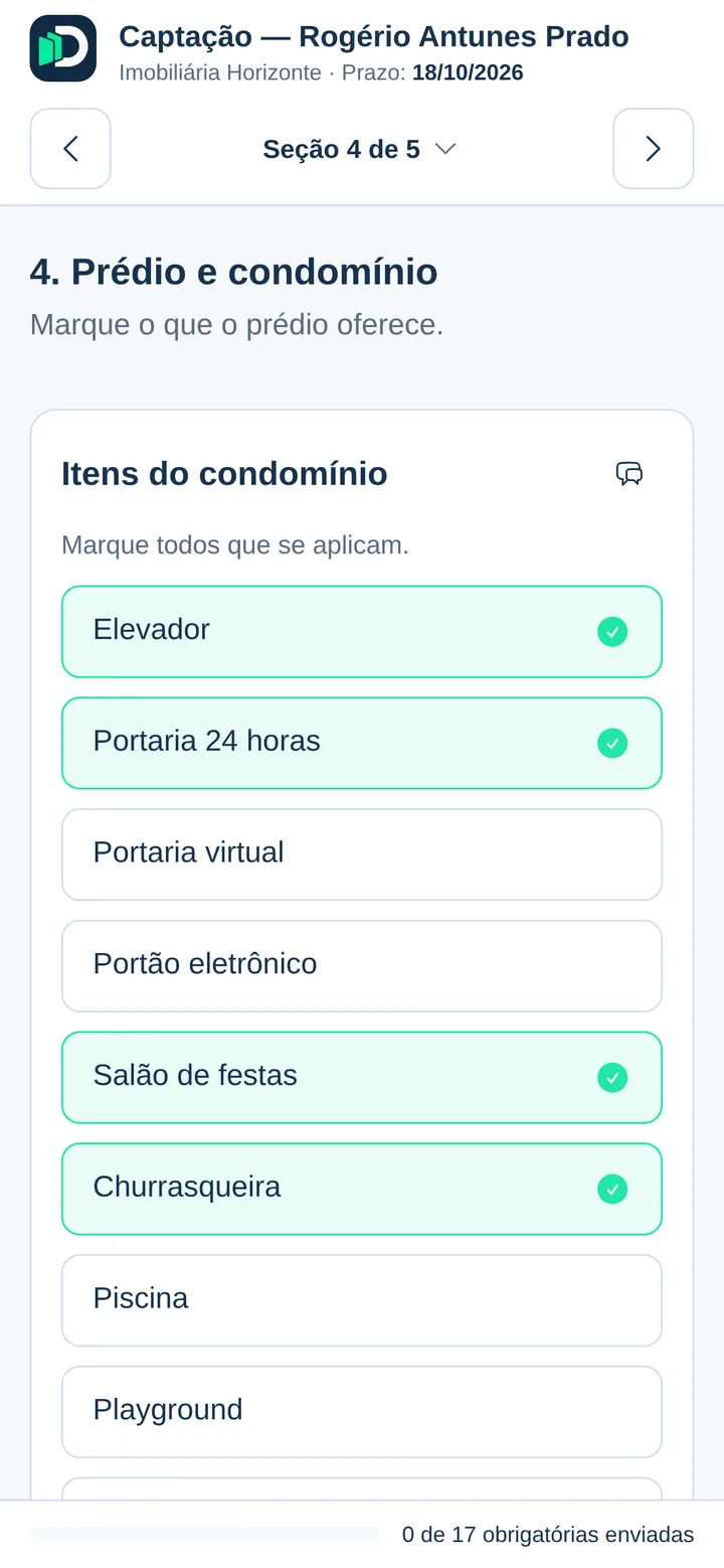 Solicitação de captação no celular do proprietário, na seção “Prédio e condomínio”, com Elevador, Portaria 24 horas, Salão de festas e Churrasqueira selecionados em “Itens do condomínio”.